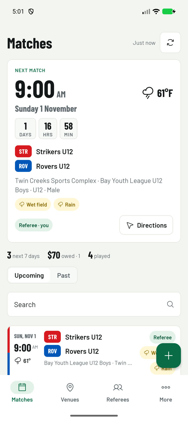 LawFive on an Android phone: the next match and the list