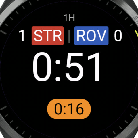 LawFive on a watch: the teams in their colors, the score, the match clock and a running stoppage
