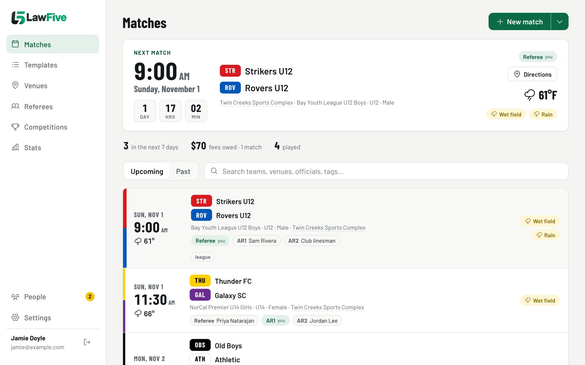 The LawFive website's match list: the next match with its countdown and forecast, and the matches after it